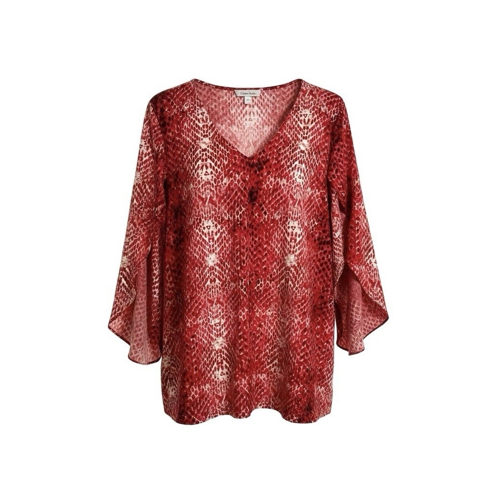 Calvin Klein Pullover Top 2X Snakeskin Print V Neck‎ Split Sleeves Tunic Retro